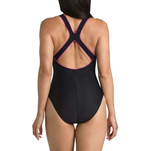 Speedo Ultraback Swimsuit Black with Hot Pink Piping One Piece Racerback Size 18 - Picture 2 of 16